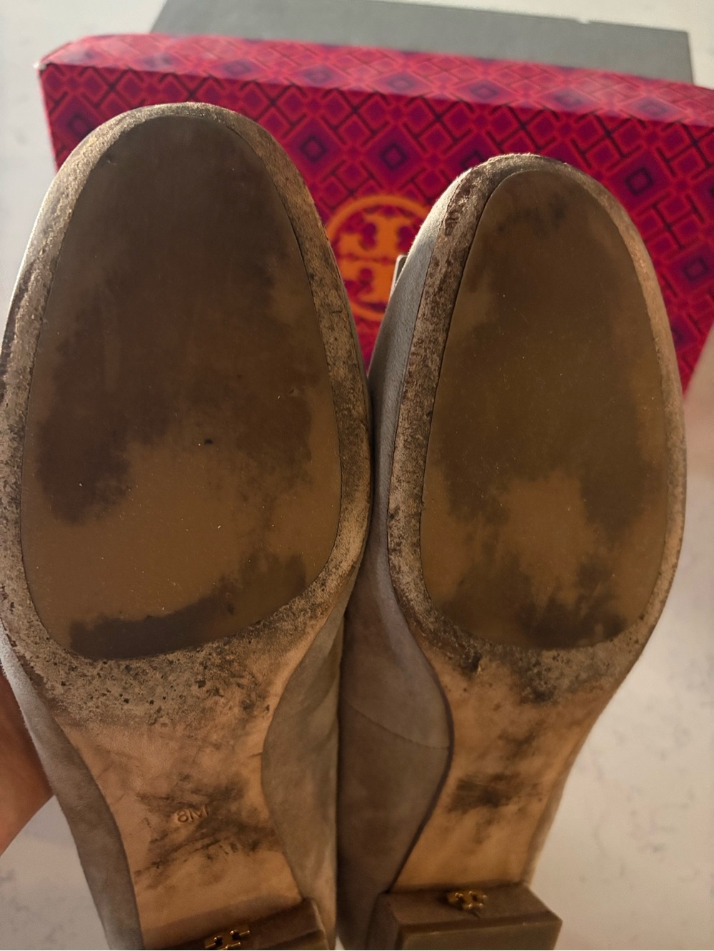Tory Burch Taupe Suede Logo Flats w/Gold Hardware- Gigi Suede Pump - Picture 6 of 7